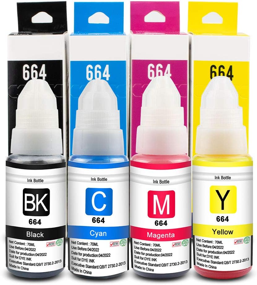 Pristar Compatible Refill Bottle Ink Replacement for 664 T664 Work for Expression ET-2550 ET-4550 ET-2650 ET-3600 ET-16500 (1 Black/Cyan/Magenta/Yellow, 4-Pack, 70 Milliliter Dye Ink /Bottle)