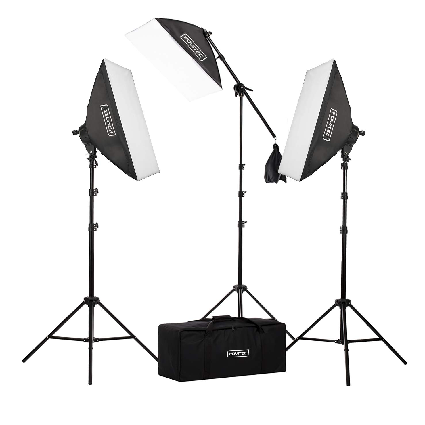 Fovitec 2500W 3-Light Softbox Kit with Boom Arm, Photography and Video Continuous Lighting Kit for Studio, Portraits and Product Photos