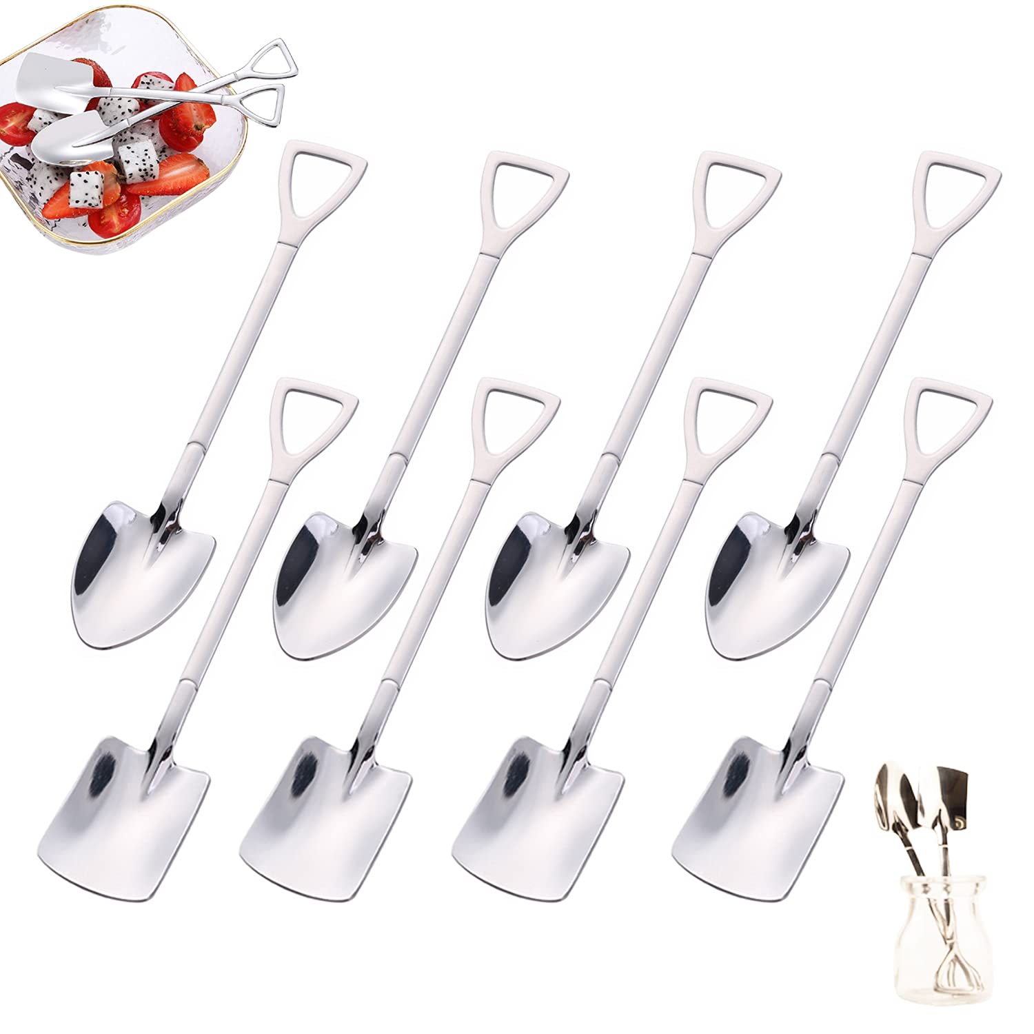 FANSEZQ Stainless Steel Spade Spoon, Shovel-Shaped Creative Shovel, Net Red Spoons (8pcs)