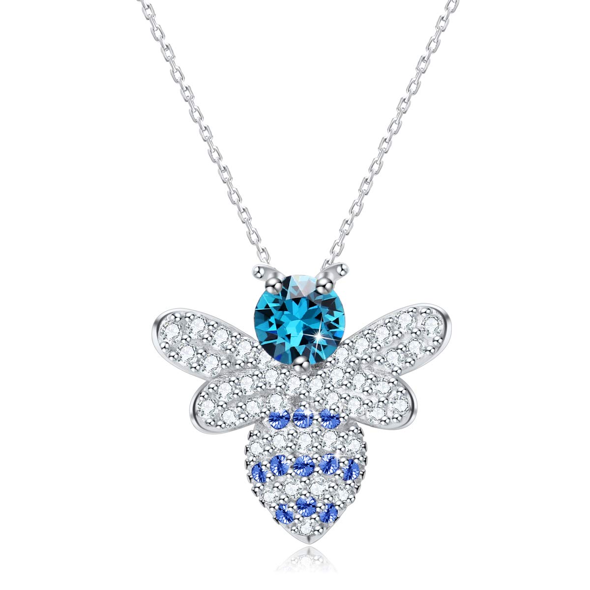 SUE'S SECRET Christmas Sterling Silver Bee Pendant Necklace with Blue Crystal & White Cubic Zirconia - Dainty & Sparkling Bee Jewellery for Women - Gift Boxed