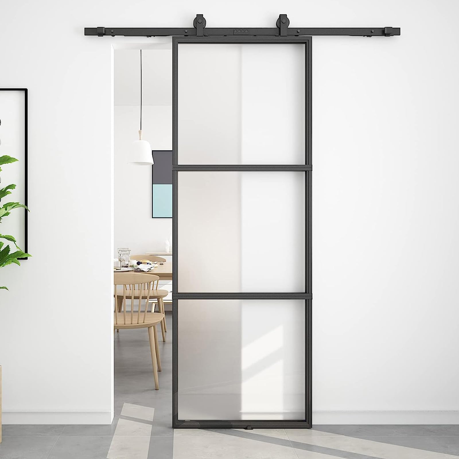 Photo 1 of BARNSMITH 30in x 84in Frosted Glass Barn Door with 5FT Top Mounted Hardware kit Include Soft Close Mechanism Black Carbon Steel Tempered Frosted Glass Sliding Door,Assemble Required Easy Installation