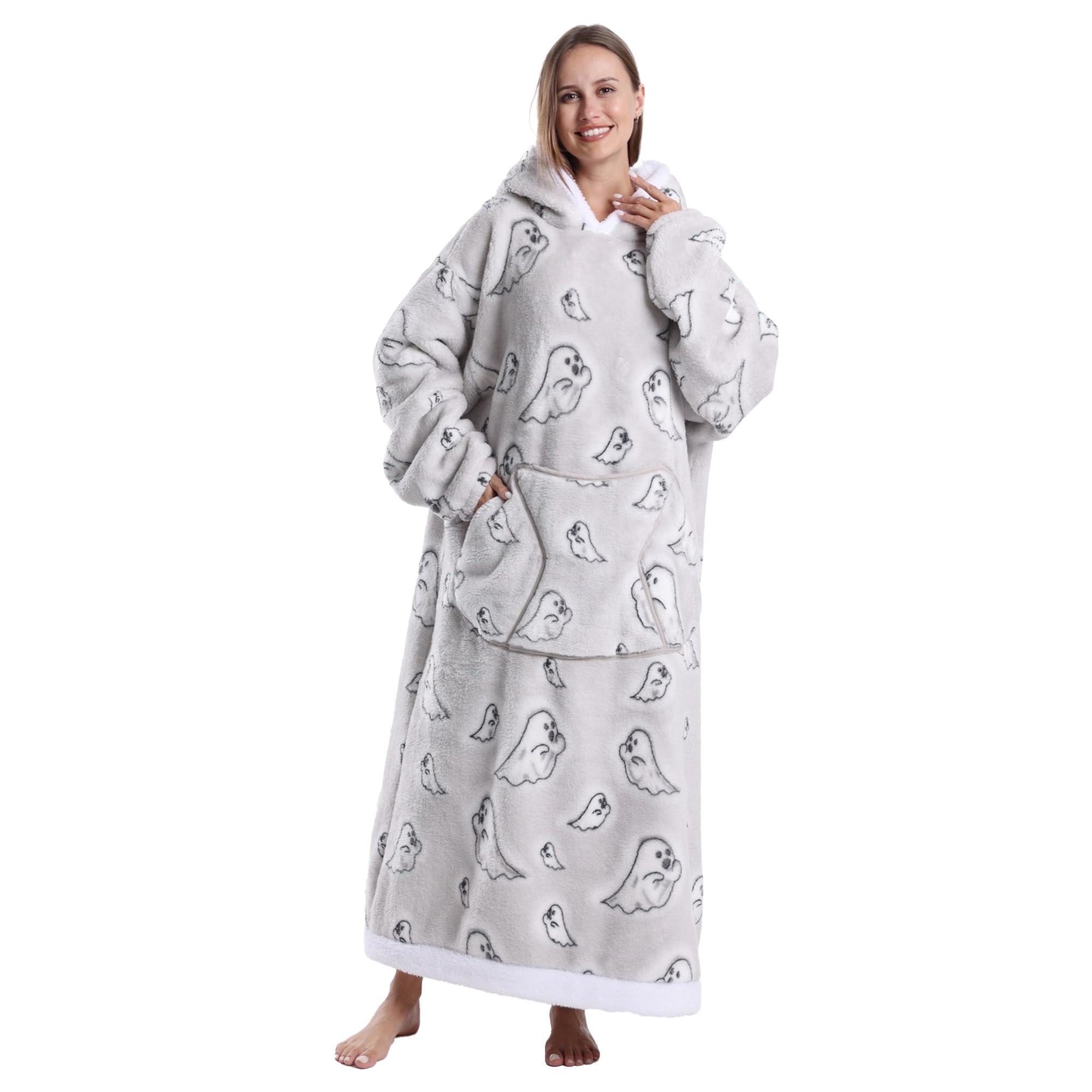 Capecage Blanket Hoodie, Long Hooded Blanket Sweatshirt as Birthday Gifts for Women Men, Long Wearable Blanket for Women Men. (Ghost) Image