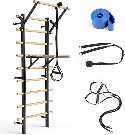 Sprossenwand mit Klimmzugstange & Dip-Barren – 220 cm Home Klettergerüst aus Buchenholz zur Wandmontage – Max. 250 kg belastbar – Für Krafttraining, Calisthenics & Reha bei Erwachsenen & Kindern