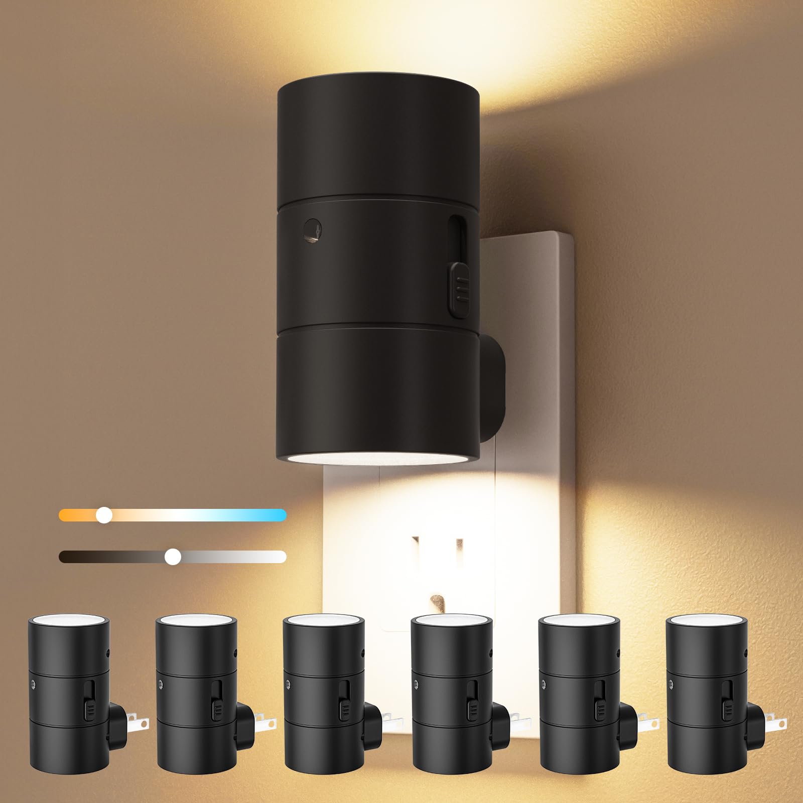 Photo 1 of VOLISUN Night Lights Plug into Wall, Dimmable LED Nightlight with Dusk to Dawn Light Sensor, 0-100LM Adjustable Brightness, 3 Color Temperatures, Compact Size Black 6 Pack for Hallway,Bedroom,Bathroom