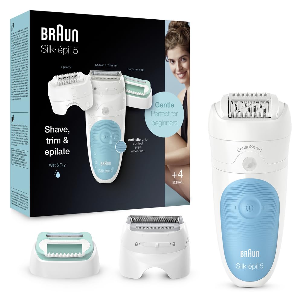 Braun Silk-épil 5 SensoSmart Epilator for Women for Hair Removal, Lady Shaver & Trimmer Head and Beginner Cap, Wet & Dry, 100% Waterproof, UK 2 Pin Plug, 5-610, White/Blue