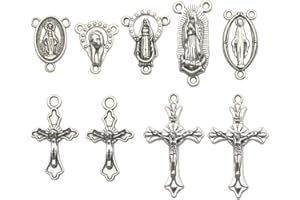 ILOVEDIYBEADS 100g (60pcs) Antique Silver Cross Jesus Maria Our Lady Miraculous Centerpiece Crucifix Medal Charms Pendants for Crafting, Jewelry Findings Making Accessory For DIY Rosary Necklace Bracelet (M154)