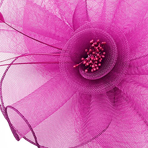 Lusiyu Fashion Women's Flower Feather Mesh Net Fascinator Hat (Rose red) - Thumbnail 4