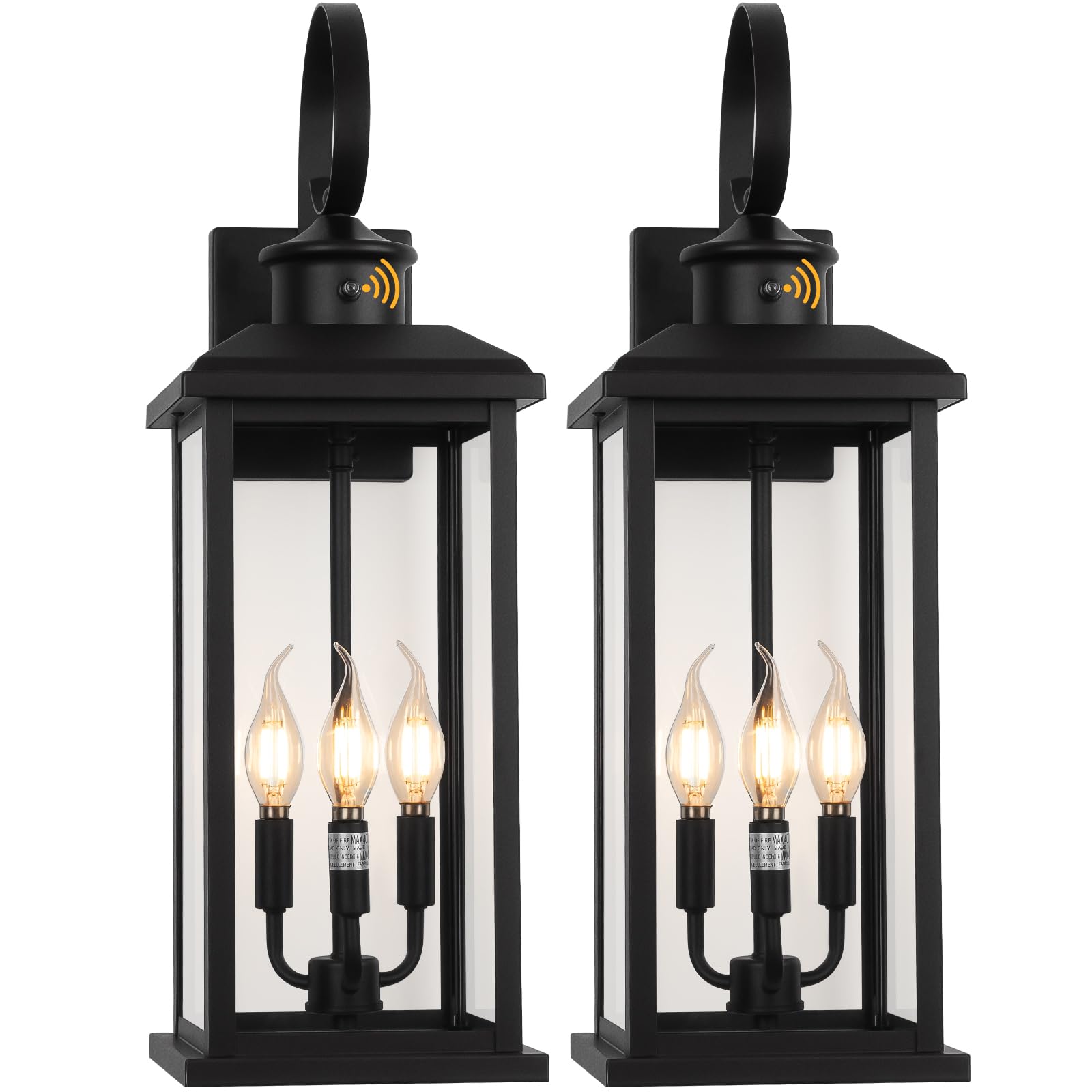 Photo 1 of 24" Dusk to Dawn Outdoor Wall Light Fixture 2 Pack-Black Extra Large Modern Porch Lantern 3-Light, Waterproof Exterior Lighting Sconce Wall Mount, Outside Lamp for Entryway Garage Coach E12 Base