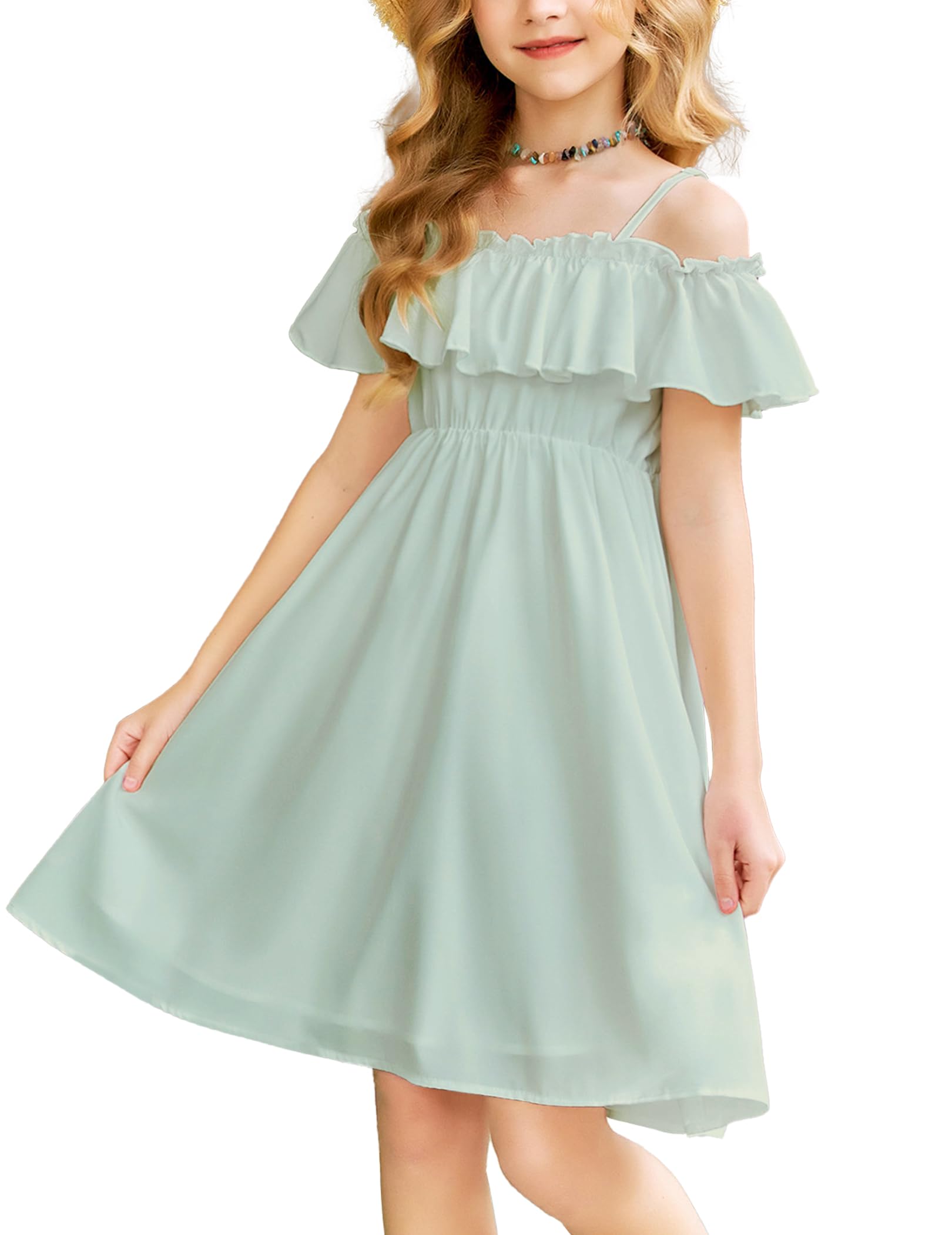 Photo 1 of Arshiner Girl Dress Spring Casual Easter Puff Sleeve Off Shoulder Cute Stretchy Swing Dresses Light Green 8-9 Years