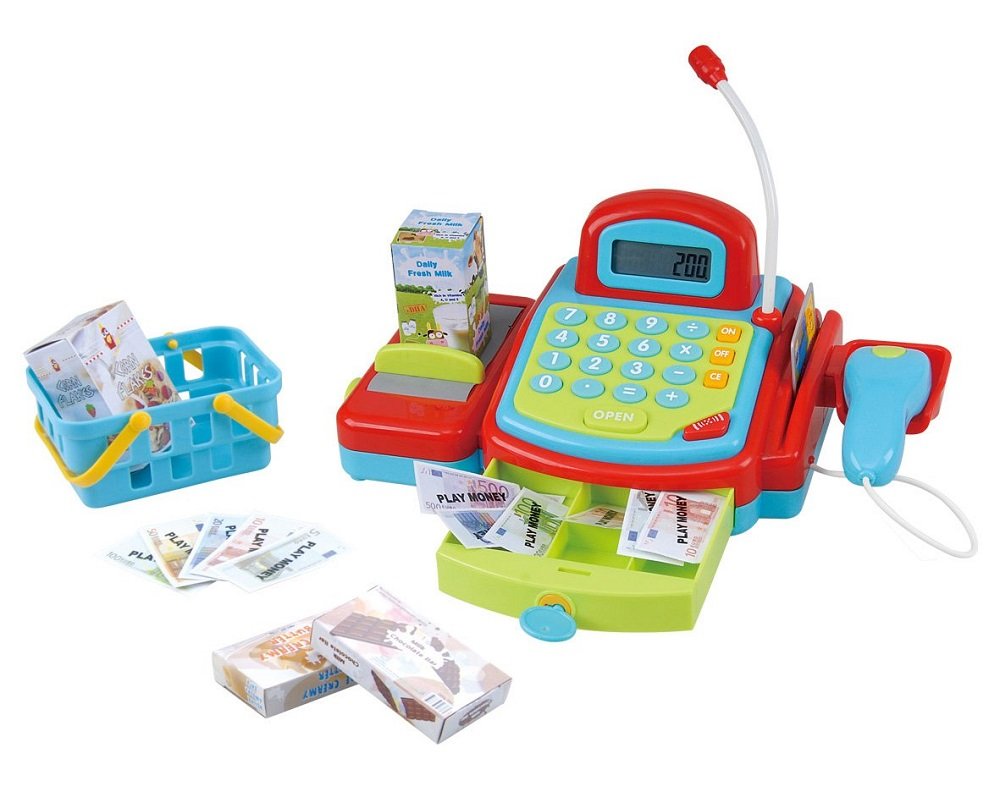 Playgo Caja con cinta transportadora manual calculadora electrónica tarjeta de crédito y