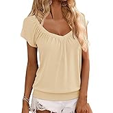 Hongqizo Womens V Neck T Shirts Cap Sleeve Summer Casual Shirts Banded-Bottom Loose Fit Basic Tops