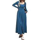 Mieazom Women Long Sleeve Square Neck Maxi Dress A-Line Pleated Flowy Elegant Party Cocktail Winter Fall Dresses with Pockets