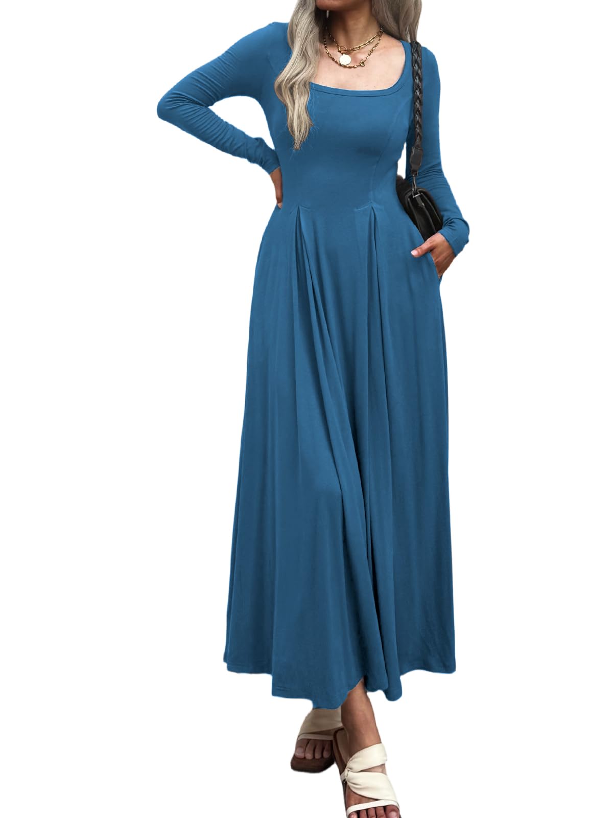 Mieazom Women Long Sleeve Square Neck Maxi Dress A-Line Pleated Flowy Elegant Party Cocktail Winter Fall Dresses with Pockets Blue XL
