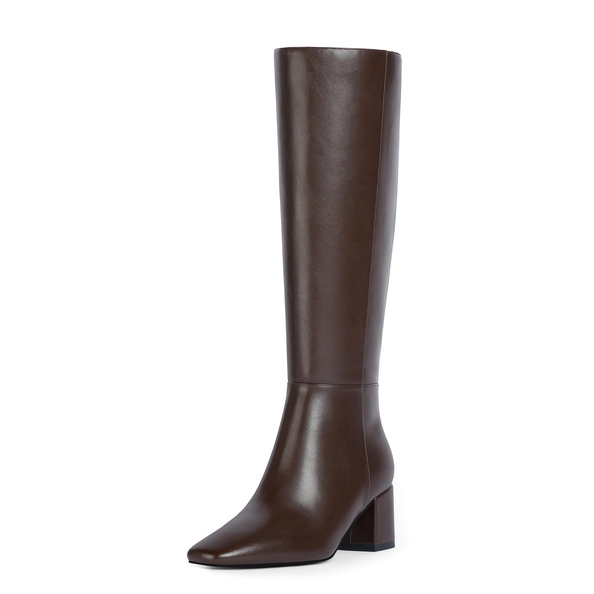 VIUGJNEX Dark Brown Knee High Boots Block Heel Fall Boots Square Toe ...