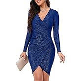 ihot Women's Glitter Party Dresses Sexy V Neck Long Sleeve Faux Wrap Ruched Bodycon Sparkly Night Club Dress