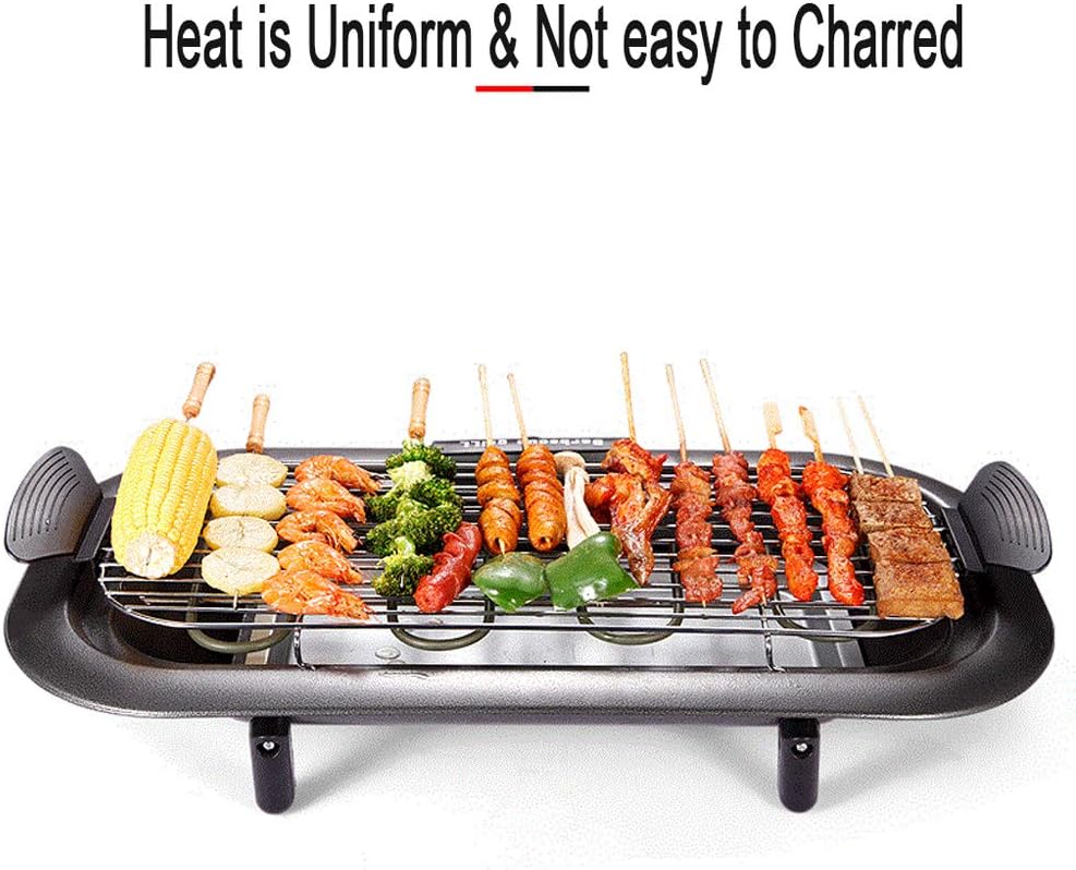 review Indoor Grill Electric Smokeless Barbecue Grill Indoor, Adjustable Heat Control with Indicator Light, with Metal Bracket, Removable Grill And Water Tray, Extra Large Surface 62X32cm, Enamel 2000W