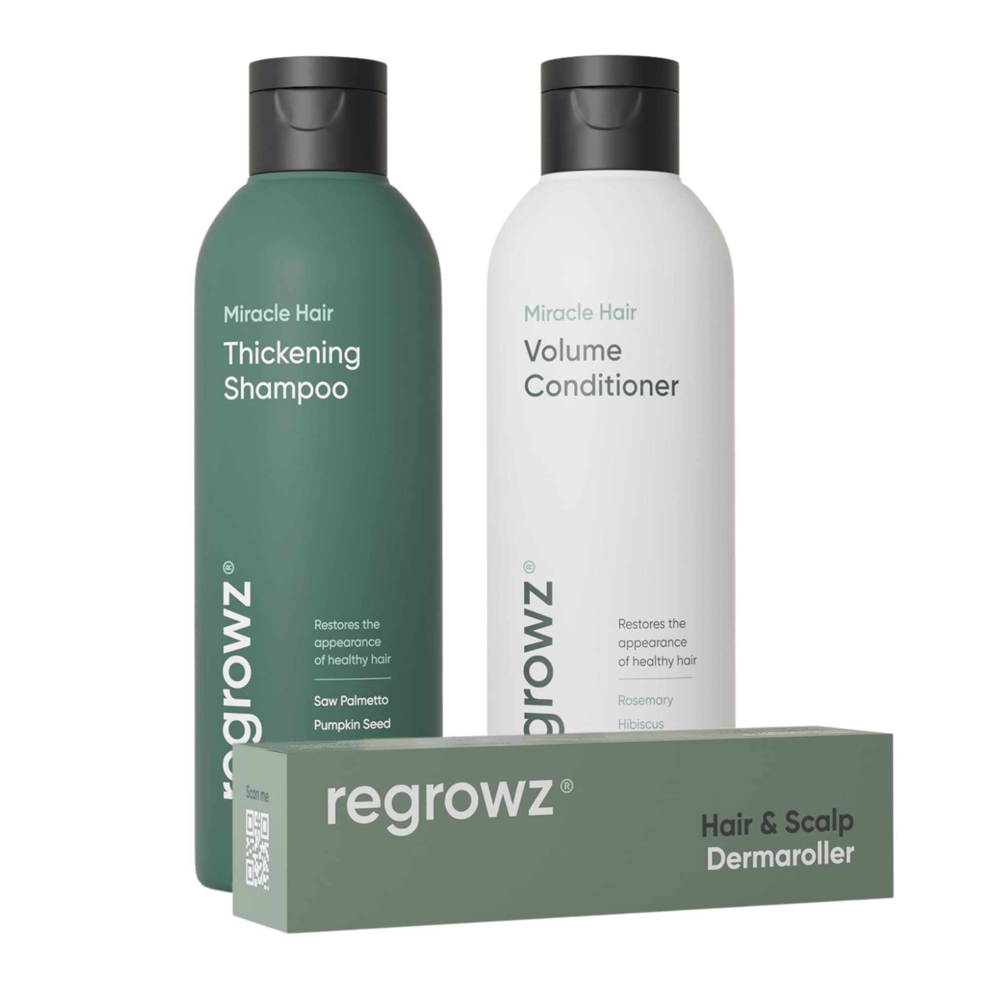 Regrowz Miracle Hair Care Gift Set - Hair Thickening Shampoo (225ml), Volume Conditioner (200ml), and Hair & Scalp Derma Roller - Infused with Biotin for Enhanced Hair Growth, Volume, and Vitality