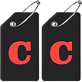 Gostwo 2 Pack Silicone Luggage Tags for Suitcases, 26 Initial Letter Baggage Labels Handbag School Bag Suitcase Instrument Tag with Stainless Steel Loop(Black)(Letter C)