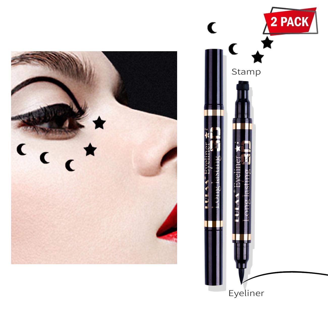 4 IN 1 Dual-ended Eyeliner Stamp, Waterproof Long Lasting Star& Moon Shape Stamps Tattoo Eyeliner Makeup Tools, 2Pcs/Set
