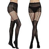 Larrel 2 Pairs Faux Thigh High Tights, Black High-Waist Fishnet Tights, Faux Thigh High Fishnet Stockings, Striped Goth Fishnets, Over the Knee Goth Stockings for Women