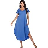Ekouaer Long Nightgowns for Women Short Sleeve House Dress with Pockets V Neck Sleepshirts Side Split Sleepwear Blue Small