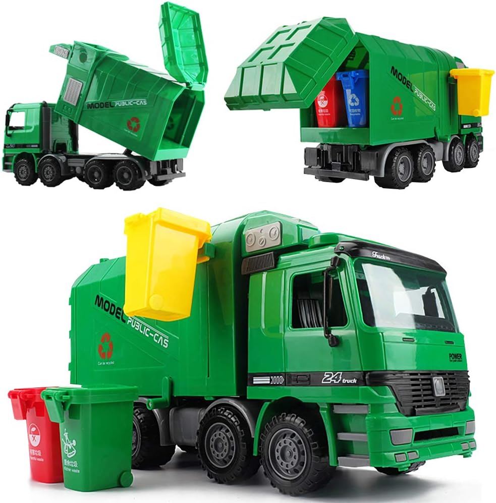 deAO Camión Contenedor con Función Hidráulica para Elevar y Vaciar Contenedores de Reciclaje Incluidos Vehículo y 3 Contenedores Variados Camión de la Basura