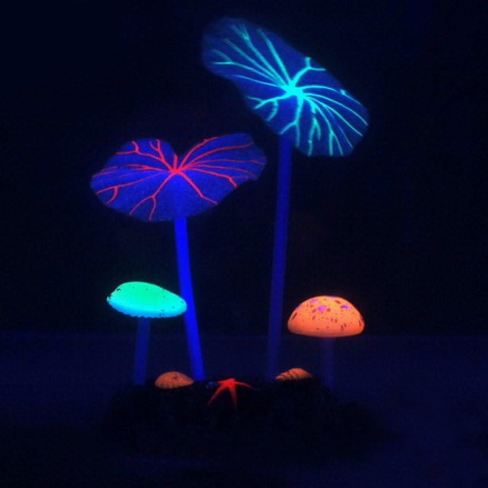 RFKMS Glow In The Dark Luminous Simulation Lotus Leaf Aquarium Fish Tank Decoration(Lotus Leaves and Mushroom)