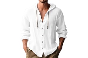xoxingysm Mens Long Sleeve Linen Shirts Hooded V Neck Button Up Hoodies Casual Vacation Hawaiian Beach Yoga Hippie Shirts