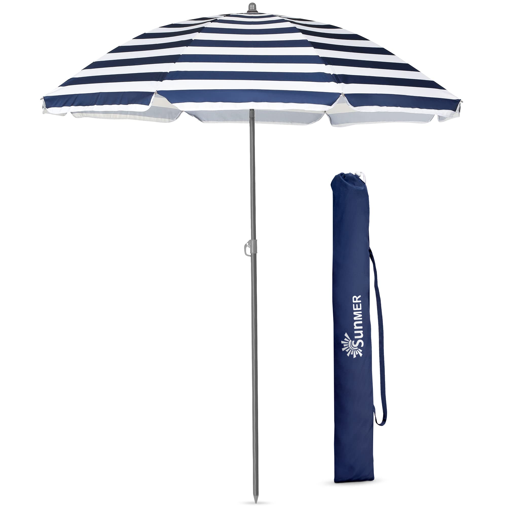 SUNMER 1.8M Beach Umbrella - Tilting Portable Beach Parasol with UV Protection & Fade Resistant Fabric, Lightweight Two Piece Steel Pole - Professional Garden & Travel Sun Shade - Blue & White