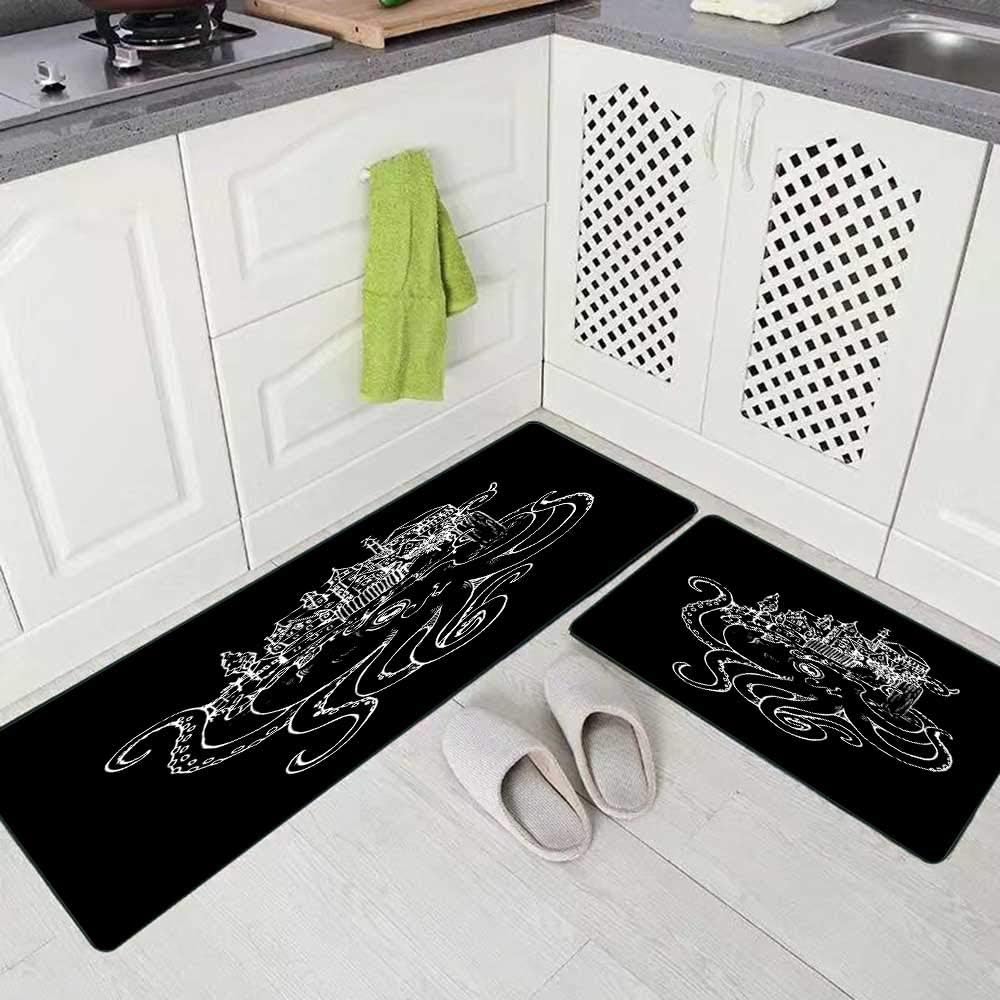 Amazon Com Non Slip Kitchen Rug Jacrane Kitchen Rugs Indoor Kitchen Accent Rug Corner Kitchen Rug Pattern Round Dance White Octopuses Black Background Sea Kitchen Rugs Non Skid Washable 17 X48 17 X24 Kitchen Dining