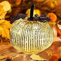 Keepax Halloween Pumpkin Lantern Light, 5.5Inch Lantern Decorative Pumpkins Mercury Glass Decor Fall Thanksgiving Decorations Led Timer Candles