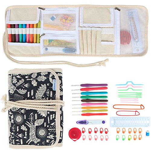 Teamoy Ergonomic Crochet Hooks Set, Canvas Wrap Organizer Roll Up, Knitting Needle Kit with 9pcs 2mm to 6mm Soft Grip Crochets and complete Accessories, Functional and Easy to Carry, Animal World