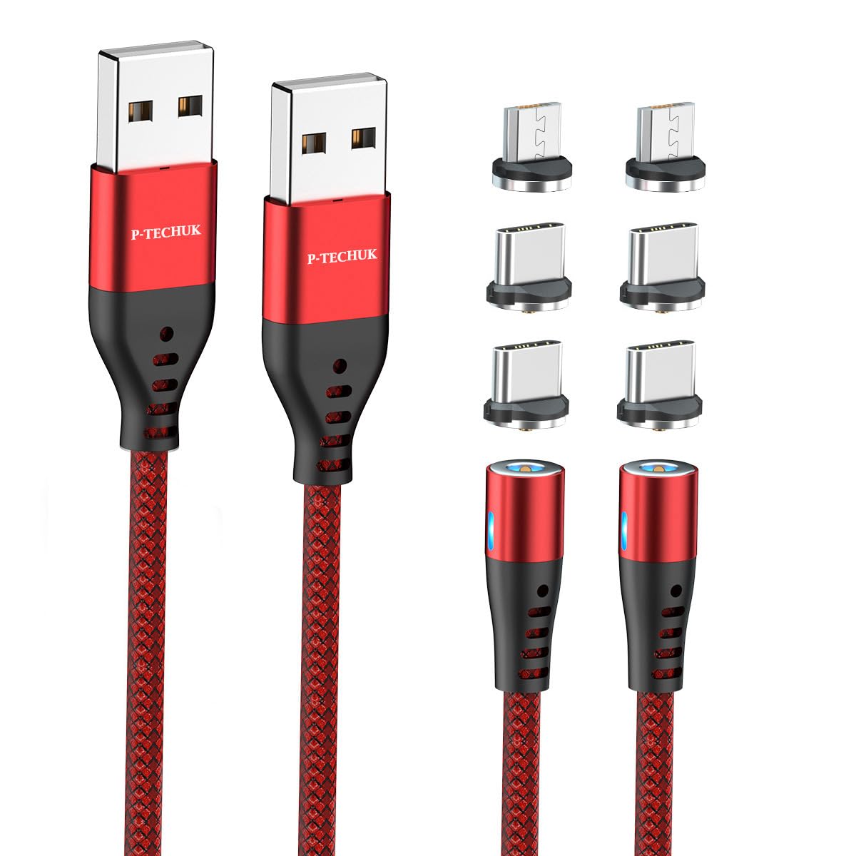 P-TECHUK Magnetic Charging Cable, Mobile Phone Charging Cable, Nylon Braided Magnetic charger cable. (2 x 1M cable, 6 tips) (Red)