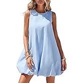YEXPINE Women's Bubble Mini Dress Sleeveless Crewneck Keyhole Tie Back Tank Sundress with Pockets