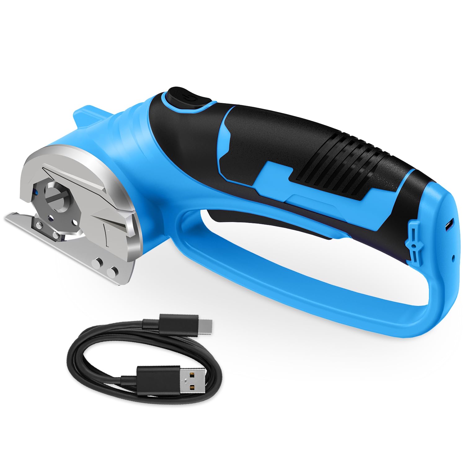 Photo 1 of Cordless Electric Scissors, 4V Rechargeable Box Cutter & Cardboard Cutter with Titanium Blade, LED Light, Safety Lock - Rotary Cutter for Fabric, Leather, Carpet, Plastic, Crafting, Sewing (Blue)