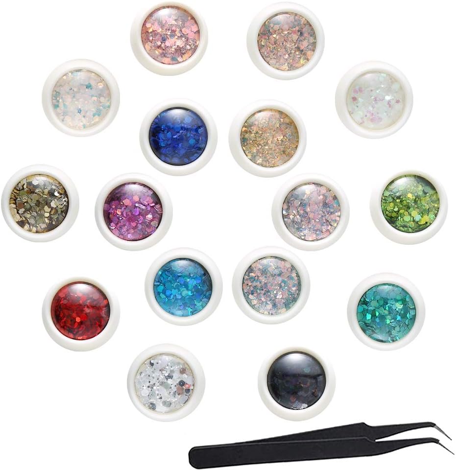 Nail Art 16 Pots Holographic Glitter Acrylic Nails Sequins Powder for Body Face Hair Make Up Nail Art Mixed Color Glitter Design Decorations DIY Decals, Free Gift with a Nail Art Tweezers