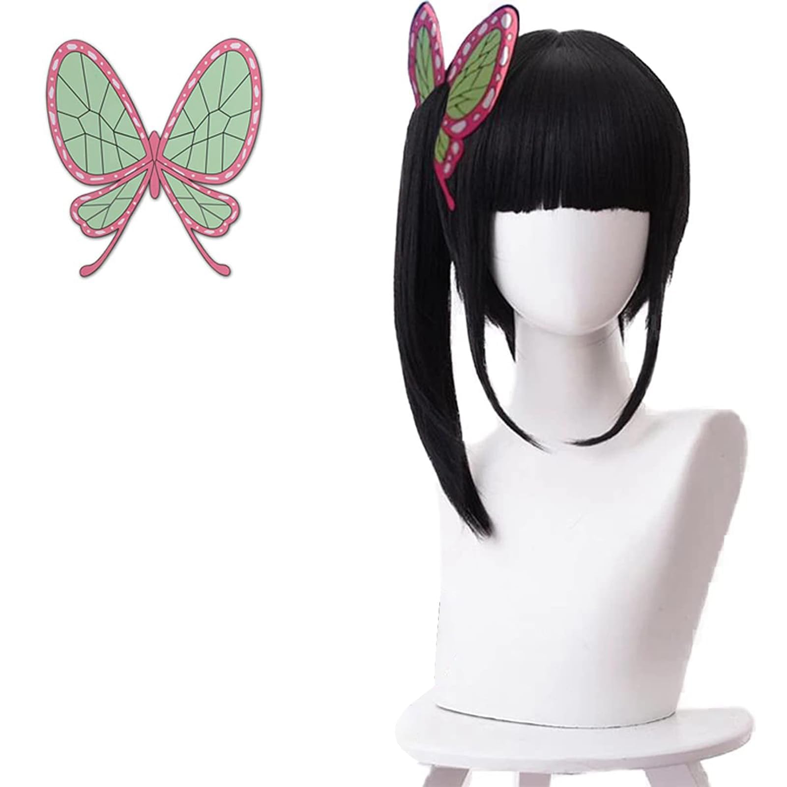 Photo 1 of abouder Tsuyuri Kanao Wig with Butterfly Clips Kimetsu no Yaiba Costume Wig Black Wigs for Halloween Anime Fans