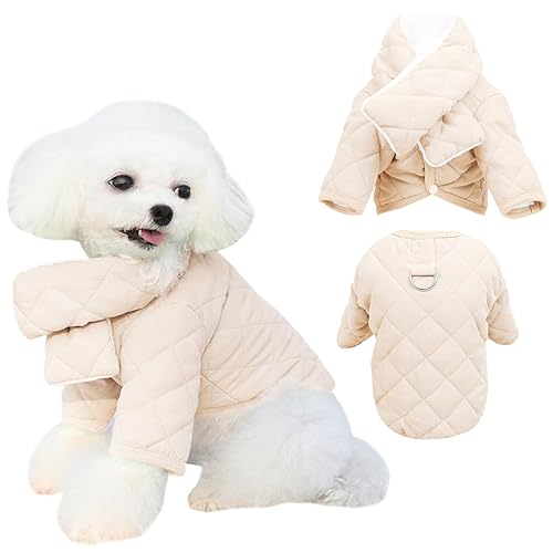 Kunyeah Warm Dog Coat with Scarf Pet Cotton Cold Weather Outfit Thick Puppy Clothes Plaid Pattern Pet Snow Jacket Cat Winter Autumn Jumpsuit Pet Soft Apparel (Beige, Medium)