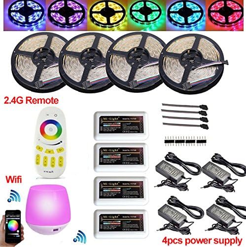 Firstsd 20M (4x16.4ft) SMD 5050 RGBWW RGB and Warm White Mi Light WIFI Timer Led Strip Tape Lights + 4pcs 4-ZONE Dimmable Remote Controller +4pcs Adapter (Non-waterproof strips, 5050RGBWW)