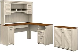 Bush Furniture Fairview 60W L Shaped Desk with Hutch and Small Storage Cabinet in Antique White and Tea Maple