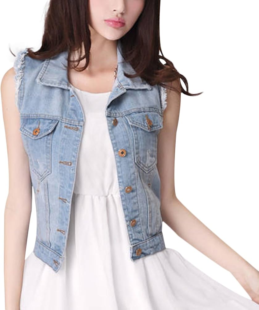 Women Denim Vest Sleeveless TurnDown Collar Waistcoats Jean Street