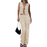 Tankaneo Womens Crochet Sets 2 Piece Outfits Tie Front Sleeveless Vest Tops Wide Leg Pants Striped Knit Y2K Matching Sets