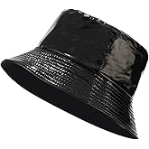 IHAUIUE PU Leather Metallic Bucket Hat Trendy Solid Color Fishing Cap Reversible Packable Sun Hats for Women, Men