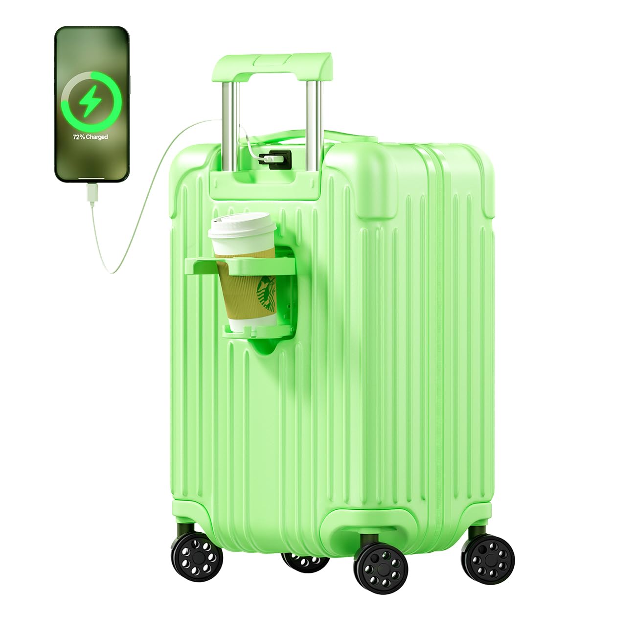 View 1 of Krute Carry on Luggage 20 Inch USB Suitcases with Spinner Double Wheels Cup Holder PC+ABS Hardside Luggage with TSA Lock (AppleGreen