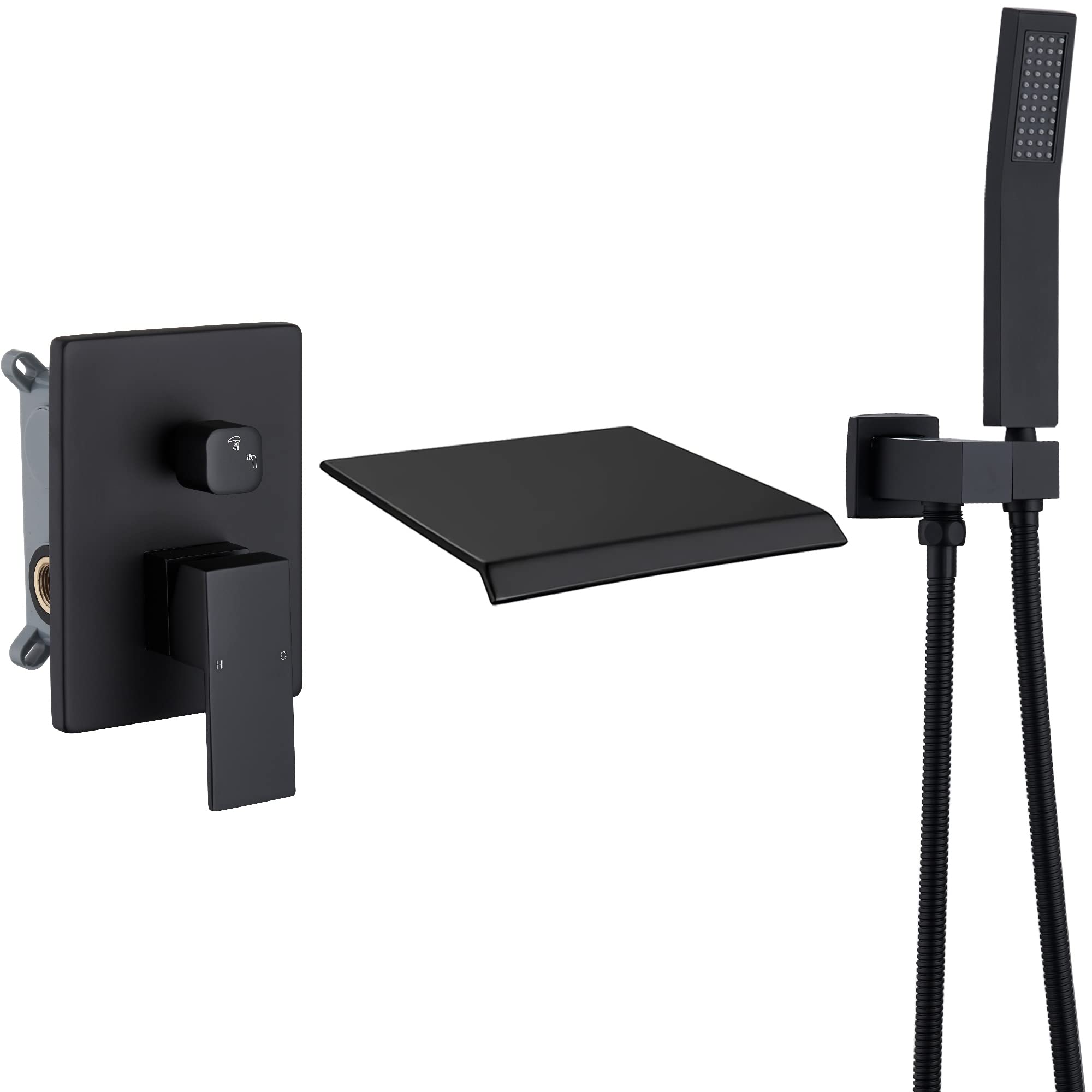 Photo 1 of Upgraded Wall Mount Tub Filler Faucet with Handheld Shower, DASAN Modern Wall Mounted Bathtub Faucet Matte Black High Flow Waterfall Tub Faucet with Rough in Valve, SA-TF04WH-MB