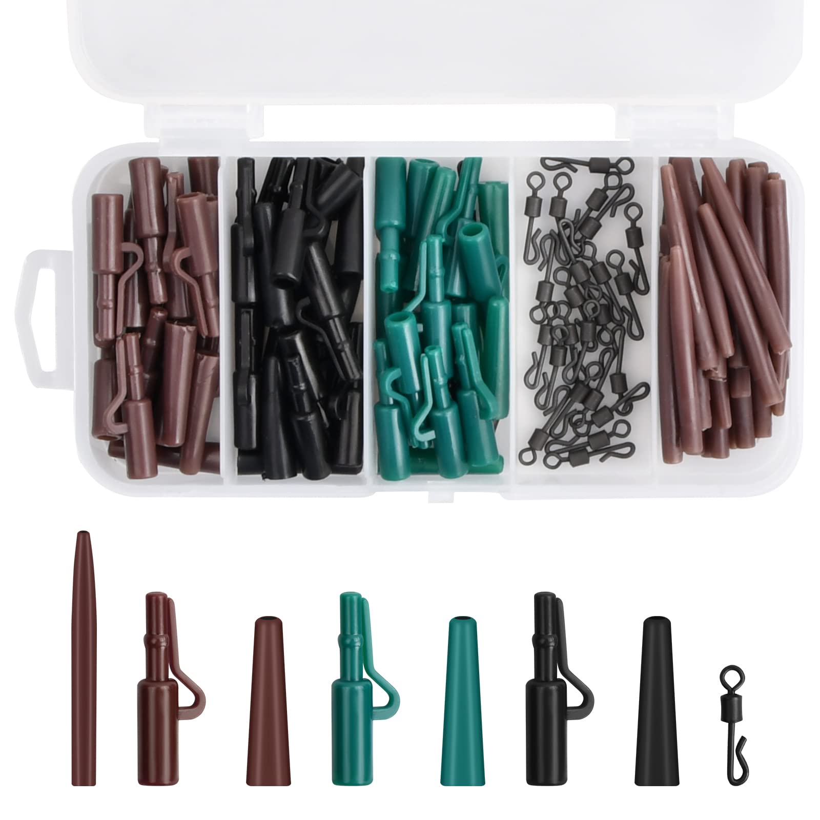 Bhoulandi 120pcs Carp Fishing Accessories Set, Carp Fishing Tackle in Box, Include Anti-tangle sleeve, Quick Change Swivel, Plastic Lead Clip, Rubber Fishing Swivel Snaps Kit for Fishing (3 Color)