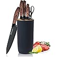 Kitchen Knife Set, Retrosohoo 6-Pieces Black Sharp Knife Set for Kitchen, Non-stick Non-slip Stainless Steel Chef Knife Set with Universal Knife Block Suitable for Home Restaurant(Wood Grain)
