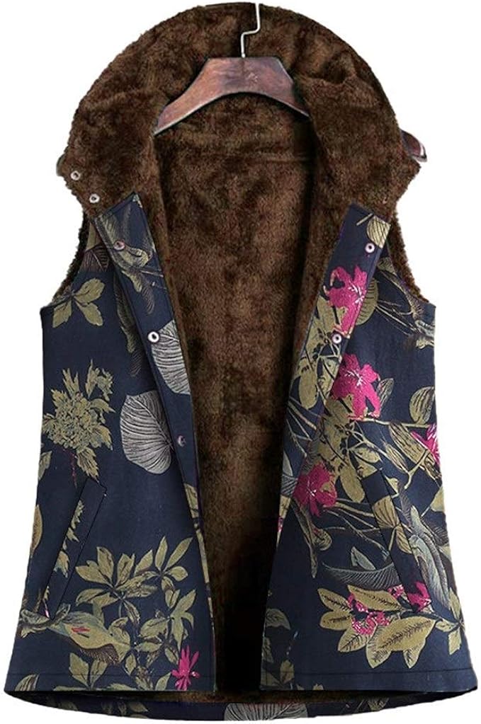 Gilets for Women Printed Cotton SingleBreasted Hooded Vest Warm Vest
