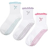 Jeyiour 3 Pairs Cute Grip Pilates Socks Non Slip Women Valentines Pilates Yoga Gift Socks Ruffle Bow Sock
