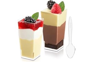Zezzxu 3 oz Mini Dessert Cups with Spoons, 50 Pack Plastic Square Shooter Cups for Serving Party Desserts Parfait Mousse Pudding Fruit Appetizers